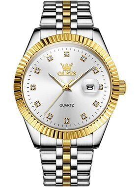 Olevs Mens Silver Gold Luxury White Dimond Dot Face Analog Quartz Luminous Watch